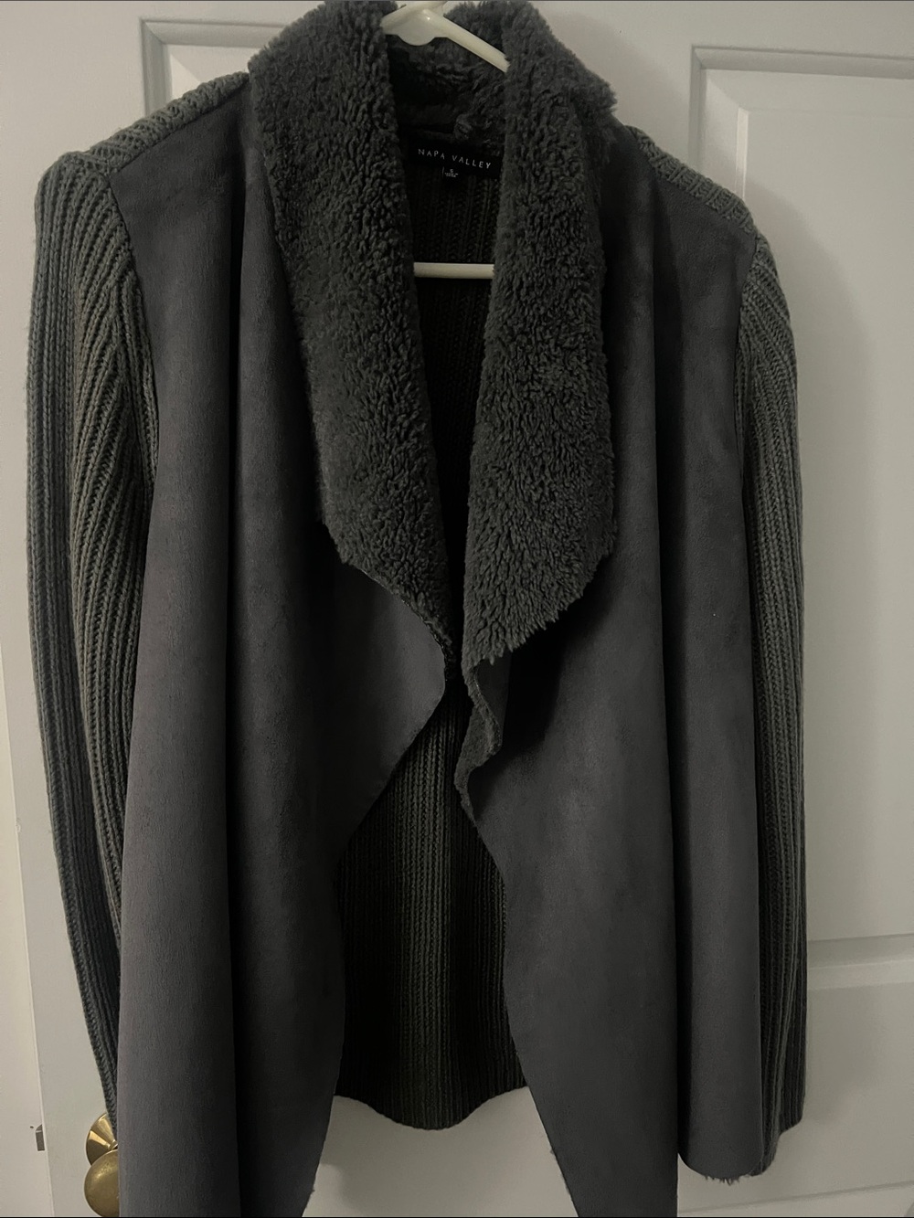 Womens Black Faux-Shearling Draped Jacket. Faux suede and sherpa color